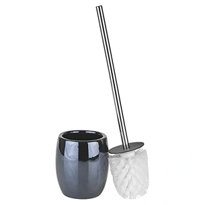 Image of URBNLIVING 3pcs Ceramic Shiny Colour Matching Bathroom Dispenser Tumbler Toilet Brush Set (Black, Brush)