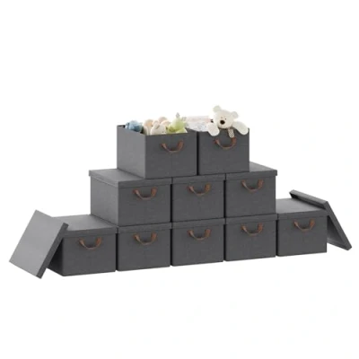 Image of WOLTU Storage Boxes Set of 10, Foldable with Lids, Under Bed Handles, Wardrobe Organiser, Non woven Fabric Basket, Grey, 43x33x26cm