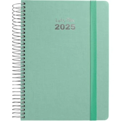 Image of Grafoplas Diary 2025 Day Per Page Size 15 x 21 cm Fancy MInt Spanish Spiral Hard Cover Lined Fabric Vertical Rubber Closure Rounded Corners Includes Stickers FSC Certified