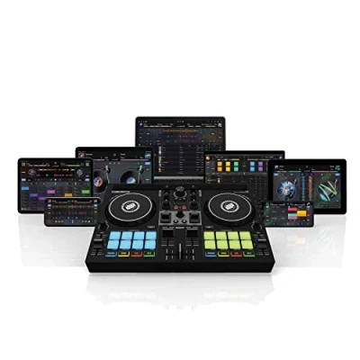 Image of Reloop Buddy compact 2 channel DJ controller for Algoriddim DJay on iOS, PadOS, Android, Mac and PC with RGB performance pads, FX paddles Neural Mix controls
