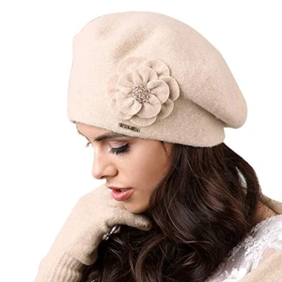 Image of Kamea Women&#039;s Woolen Flower Beret Vicenza, Beige,One Size