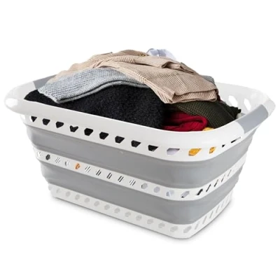 Image of ASAB Collapsible Laundry Basket XL 62x43cm Plastic Folding Washing 40L Load Capacity Rectangular Shape Pop Up Hole Design for Household Clothes