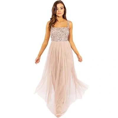 Image of Maya Deluxe Women&#039;s Ladies Maxi Dress Wide Straps Sleevless Square Neckline Embellished for Wedding Guest Prom Bridesmaid, Taupe Blush, 20