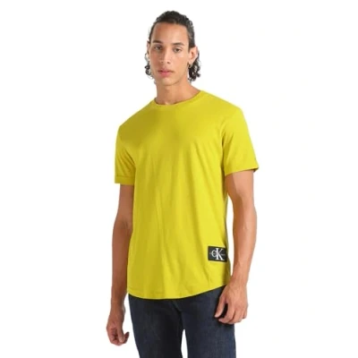 Image of Calvin Klein Jeans Men&#039;s Badge Turn UP Sleeve J30J323482 S/S Knit Tops, Tonic Yellow, S