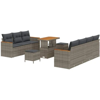 Image of vidaXL 10 Piece Grey Garden Sofa Set with Cushions Poly Rattan Acacia