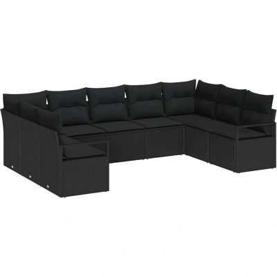 Image of vidaXL 9 Piece Garden Sofa Set with Cushions Black Poly Rattan