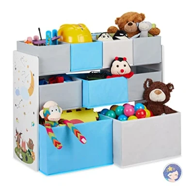 Image of Relaxdays Toy Storage Unit, Children&#039;s Shelf with 9 Fabric Boxes, Campfire Motif, HxWxD 66 x 82.5 29.5 cm, Colourful