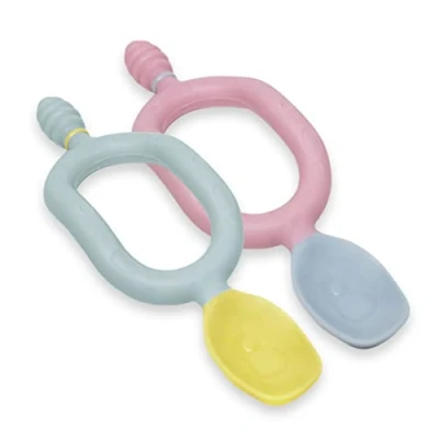Image of Bibado Weaning Spoons 2 Pack Baby Led Spoon for Self Feeding, Dual Ended Cutlery Oral Sensory Development and Teething Gums Ergonomic Handles Control Dippit, Pink Grey