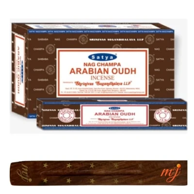 Image of Original Satya Nag Champa Arabian Oudh incense sticks with M&amp;J holder Full Box for Aromatherapy, Spa, Yoga, Weddings, Meditation, Healing, Positivity and Relaxation