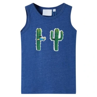 Image of vidaXL Children&#039;s Dark Blue Tank Top Cactus Print Camisole, Cotton Blend Undershirt, Straight Fit, Round Neck, Size 128 for Ages 7 8