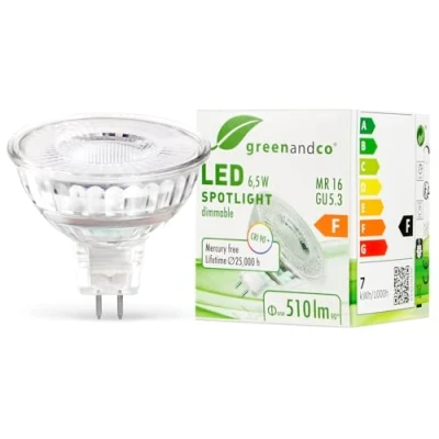 Image of greenandco CRI 90+ dimmable LED Spot MR16 GU5.3 6.5W 510lm 3000K Warm White COB 38 12V AC/DC
