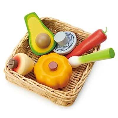 Image of Tender Leaf Toys Veggie Basket Play Food in a Wicker Perfect For Children Shopping Day Roleplay and Pretend