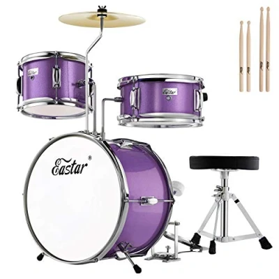 Image of Eastar Junior Drum Kit 3 Piece, Set with Snare,Tom,Bass Drum,Bass Pedal,Throne,Cymbal and Drumsticks 14 Inch(Metallic Purple)