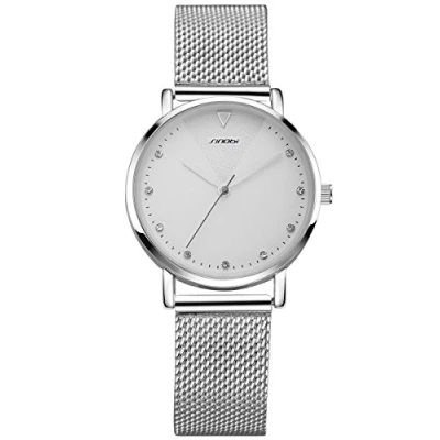 Image of Alienwork Women&#039;s Watch Silver Metal Mesh Strap White Rhinestone Glitter Elegant