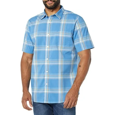 Image of Amazon Essentials Men&#039;s Slim Fit Short Sleeve Poplin Shirt, Light Blue Orange Plaid, XXL