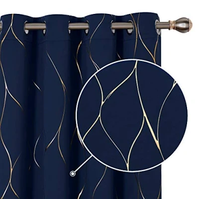 Image of Deconovo Eyelet Blackout Curtains, Thermal Insulated Gold Wave Foil Printed Curtains for Living Room, 46 x 90 Inch (Width Length), Navy Blue, One Pair