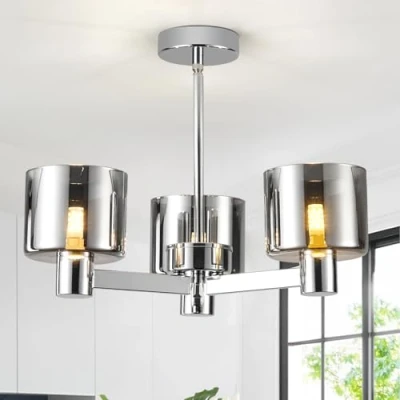 Image of HARPER Living 3 Light Chandeliers Ceiling Light, Chrome Semi Flush Lamp with Smoked Glass Shades, 3xG9 Modern Lighting for Room Bedroom Kitchen Hallway Dining