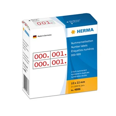Image of HERMA Number Labels 0 999, Double, 2000 Pieces, 22 x 10 mm, Self Adhesive, Matte, Double Sequential Paper Labels, Asset Numbers in Dispenser Box, Red Printed
