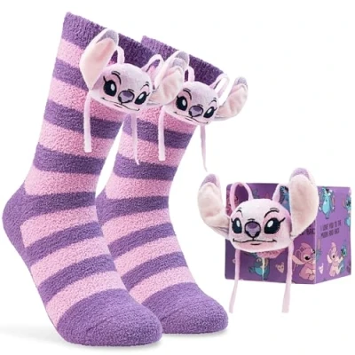 Image of Disney Womens Fluffy Slipper Socks, Non Slip Bed Socks Gifts for Her (Purple Angel)