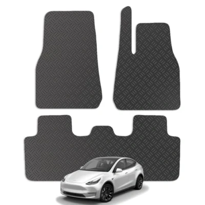 Image of Carsio Car Mats For Tesla Model Y 2022+ Onwards Tailored Fit Rubber Floor Mat Set Complete Accessory Black Custom Fitted Anti Slip Backing, Heavy Duty &amp; Waterproof