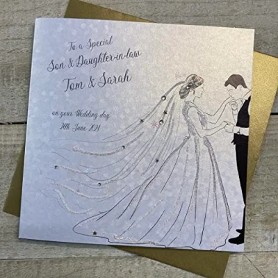 Image of WHITE COTTON CARDS PERSONALISED WEDDING CARD, TO A SPECIAL SON &amp; DAUGHTER IN LAW, COUPLE KISSING DESIGN, HAND FINISHED (X) P23 1 SD