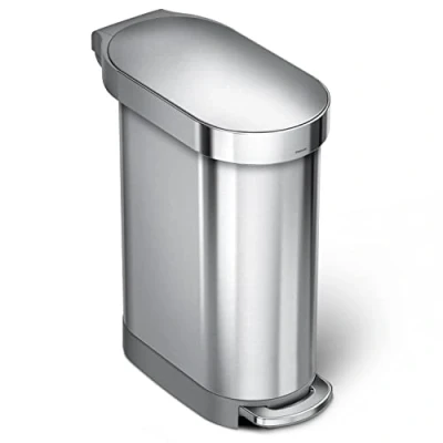 Image of simplehuman CW2044 45L Slim Kitchen Pedal Bin, Silent Soft Close Lid, Strong Steel Pedal, Fingerprint Proof, Brushed Stainless Steel, W 25.9cm x H 62.1cm D 54.5cm