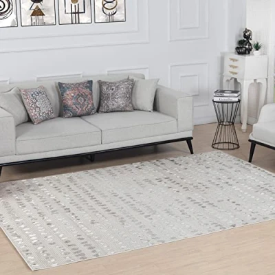 Image of Livabliss Nador Abstract Rug Area Rugs Living Room 120x170 cm, Dining Room, Lounge, Kitchen, Bedroom Modern Marble Rug, Soft Luxurious Easy Care Medium Pile Large Beige, Ivory and Silver