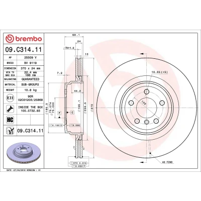 Image of 34216775291 Brake DISC BREMBO Coated LINE 09.C314.11 370mm 24mm 5 internally vented High carbon BMW: 7, GT