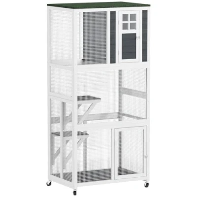 Image of PawHut Wooden Cat House with Asphalt Roof, Cage for Multiple Cats White