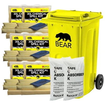 Image of 240L Spill Kits (240L, Chemical) UK Manufactured, Yellow, With Wheeled Yellow Bin, 2x 30L Organic Flame Retardant Compound Granules, 6x30L Chemical Clip Top