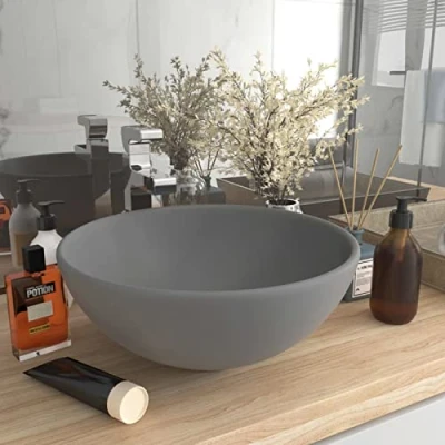 Image of Susany Luxury Basin Round Above Counter Vanity Wash Sink Bathroom Furniture Artistic Ceramic Countertop Matt Light Grey 32.5x14 cm