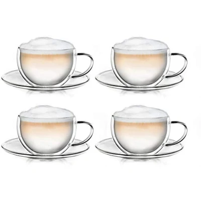 Image of Creano 4X Thermo Cup, Double Walled Tea/Latte Macchiato/Cappuccino Cup with Coaster 250 ml
