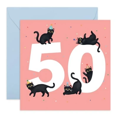 Image of Central 23 50th Birthday Card For Women Black Cats Age 50 Wife Mum Sister Happy Fiftieth Greeting Female Friends Comes With Fun Stickers