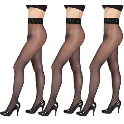 Image of Giulia Matte Tights with Lace Waistband 40 Denier for Women Transparent, Set of 3, black, S