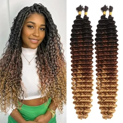 Image of Bohemian Braiding Hair 2 Bundles 200g Deep Wave Bulk for No Weft Curls Boho Braids Wet and Wavy Curly Extensions (T1B/30/27#, 24 Inch(50g/Bundle x4))