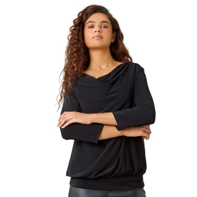 Image of Roman Lace Back Cowl Neck Stretch Top for Women UK Ladies Autumn Everyday Winter Holiday 3/4 Sleeve Soft Bubble Hemline Comfy Jersey Blouse Desk to Dinner Shirts Black Size 10