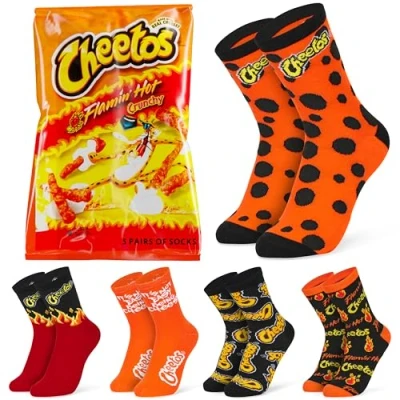 Image of Cheetos Novelty Socks 5 Pack Men Women and Kids Teenagers in Original Snacks Bag Calf Length Comfy Funny Gifts (Orange, 3/7 UK)