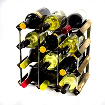 Image of Classic 12 Bottle Dark Oak Stained Wood and galvanised Metal Wine Rack Ready Assembled