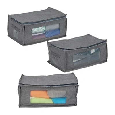 Image of Relaxdays Underbed Storage Bags, 3Pcs, Foldable, Zip, Grey, Fabric, 20 x 45 30 cm, 5 kg Capacity, for Clothes, Blankets, Toys