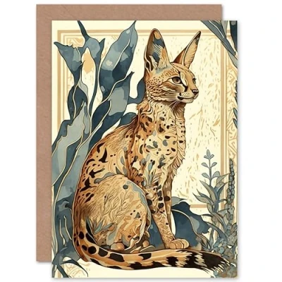 Image of Artery8 Serval Cat with Teal Plants Watercolour Portrait Modern Illustration Art Birthday Sealed Greeting Card Plus Envelope Blank inside