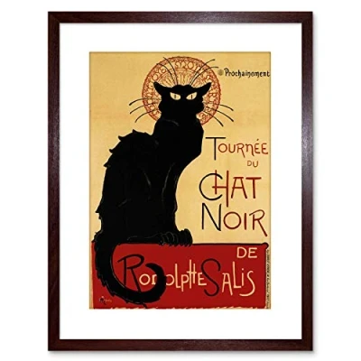 Image of Wee Blue Coo 9x7 &#039;&#039; BLACK CAT CHAT NOIR RODOLPHE SALIS PARIS VINTAGE FRAMED ART PRINT F97X199