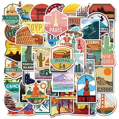 Image of Travel Stickers 50 pcs, Country City Landmarks for Suitcase Laptop Guitar Bicycle Skateboard Scrapbook, 4 6cm