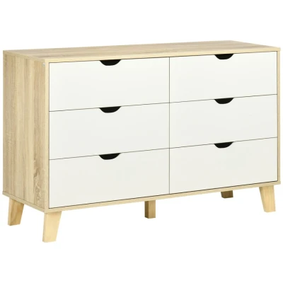 Image of HOMCOM Bedroom Chest of Drawers, Wide 6 Drawer Dresser, Storage Unit with Wood Legs for Living Room, White and Light Brown