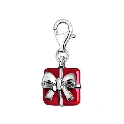 Image of Quiges Red Enamel Gift Box with Bow Clip On Charm Pendant Silver Plated Women&#039;s Jewellery