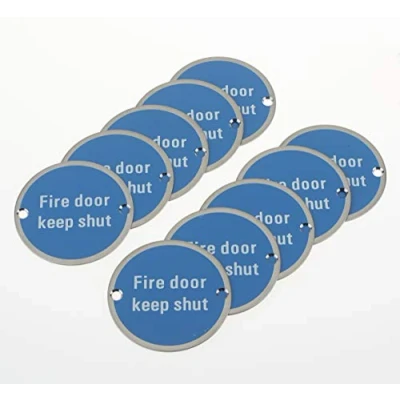 Image of Fire Door Keep Shut Safety Sign Metal Stainless Round 76x1.5mm Disc with 2 Screws, Pack of 10 (10)