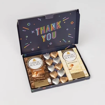 Image of Evelay Thank You Gift Box Hamper Containing 1x Ferrero Rocher Milk Bar White Chocolate 5x Silver Hearts Blue Wrapped