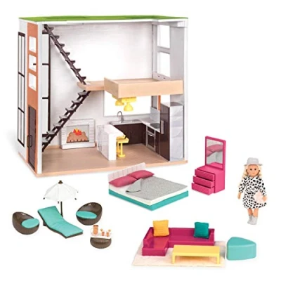 Image of Lori LO37071Z House &amp; Accessories for Mini Trendy Playset with Doll 3 Furniture Kits Living Room, Kitchen, Bedroom, Outdoor Patio Loft Years +