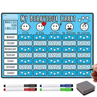 Image of TMS Behaviour Chart for Children A3 Magnetic Star Inspiring Good in Toddlers and Kids, Boys Girls With 4 Coloured Dry Wipe Pens! (Blue, Chart)