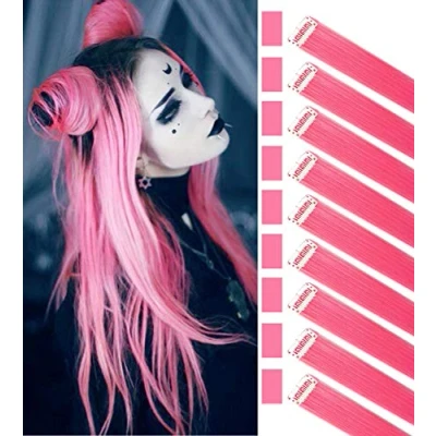 Image of LVSHANGMAO 9 Pcs Colored Hair Extensions 21 Inch Heat Resistant Straight Highlight Hairpieces Cosplay Accessories Gift (Pink)