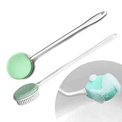 Image of 2 Pack Helping Hand Company Pamper Shower Sponges x 2. Long Handled Bath Body Sponge, Lotion Applicator &amp; Foot Scrub Brush with Pumice Stone. Hard Skin Remover, Bendable Handle 21&quot;/53cm